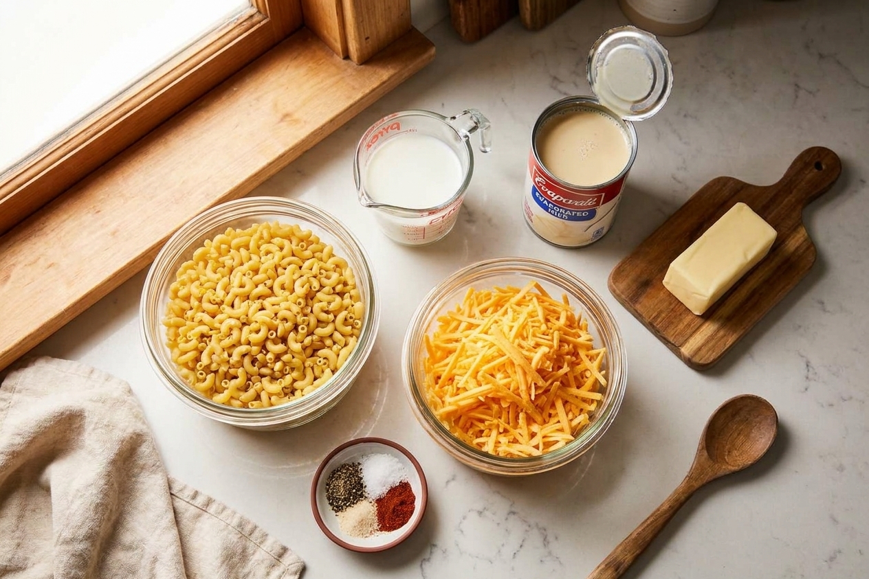 Measured macaroni, shredded cheddar, evaporated milk, milk, butter, and seasonings arranged on a clean kitchen counter under bright natural light