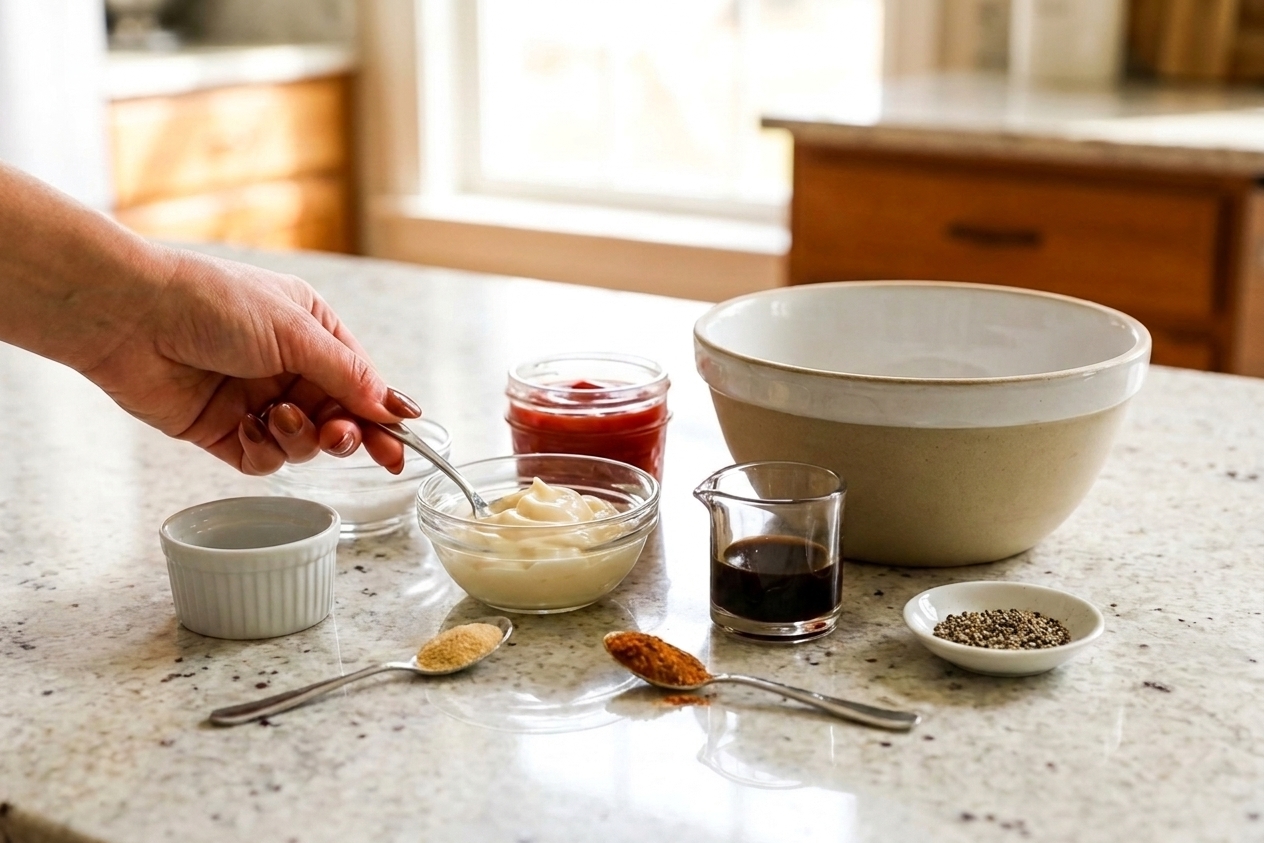 Measured mayo, ketchup, Worcestershire sauce, garlic powder, Creole seasoning, and cracked black pepper on a clean kitchen counter next to a mixing bowl