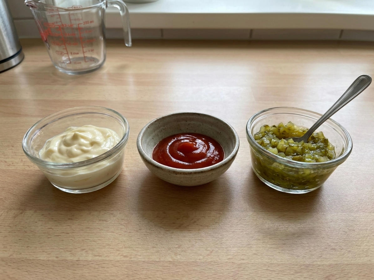 Measured mayonnaise, ketchup, and pickle relish in small bowls on a kitchen counter ready to be mixed into burger sauce