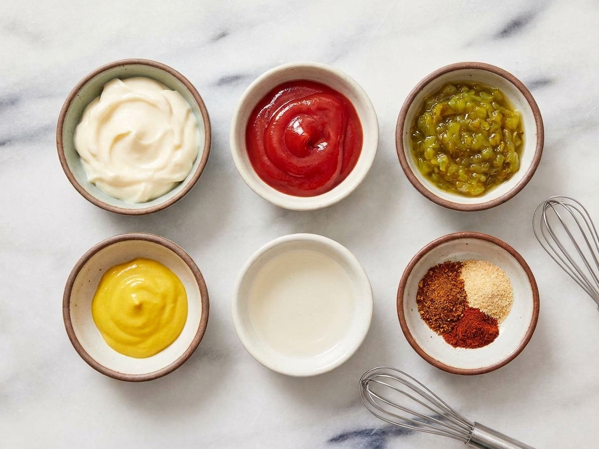 Measured mayonnaise, ketchup, sweet pickle relish, mustard, white vinegar, and spices arranged in small bowls on a clean kitchen counter