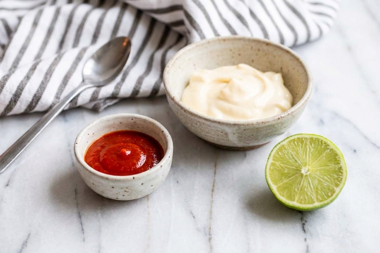Measured mayonnaise, sriracha, and a halved lime arranged on a clean kitchen counter with small prep bowls and a spoon