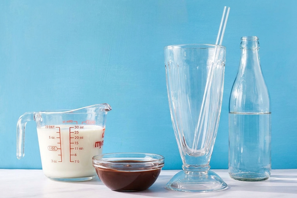 Measured milk, chocolate syrup, and a bottle of seltzer arranged on a clean kitchen counter beside a tall empty glass