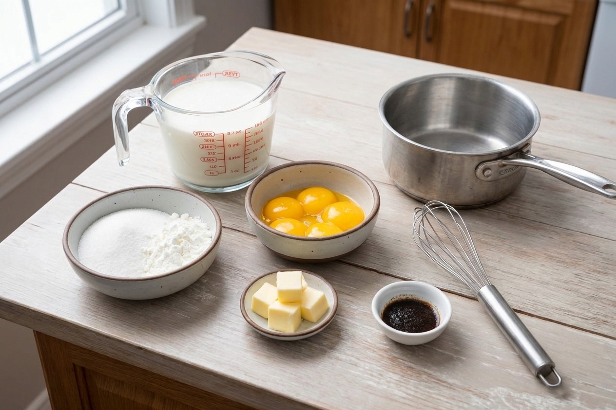 Measured milk, cream, egg yolks, sugar, cornstarch, butter, and vanilla on a clean kitchen counter with a whisk and saucepan nearby