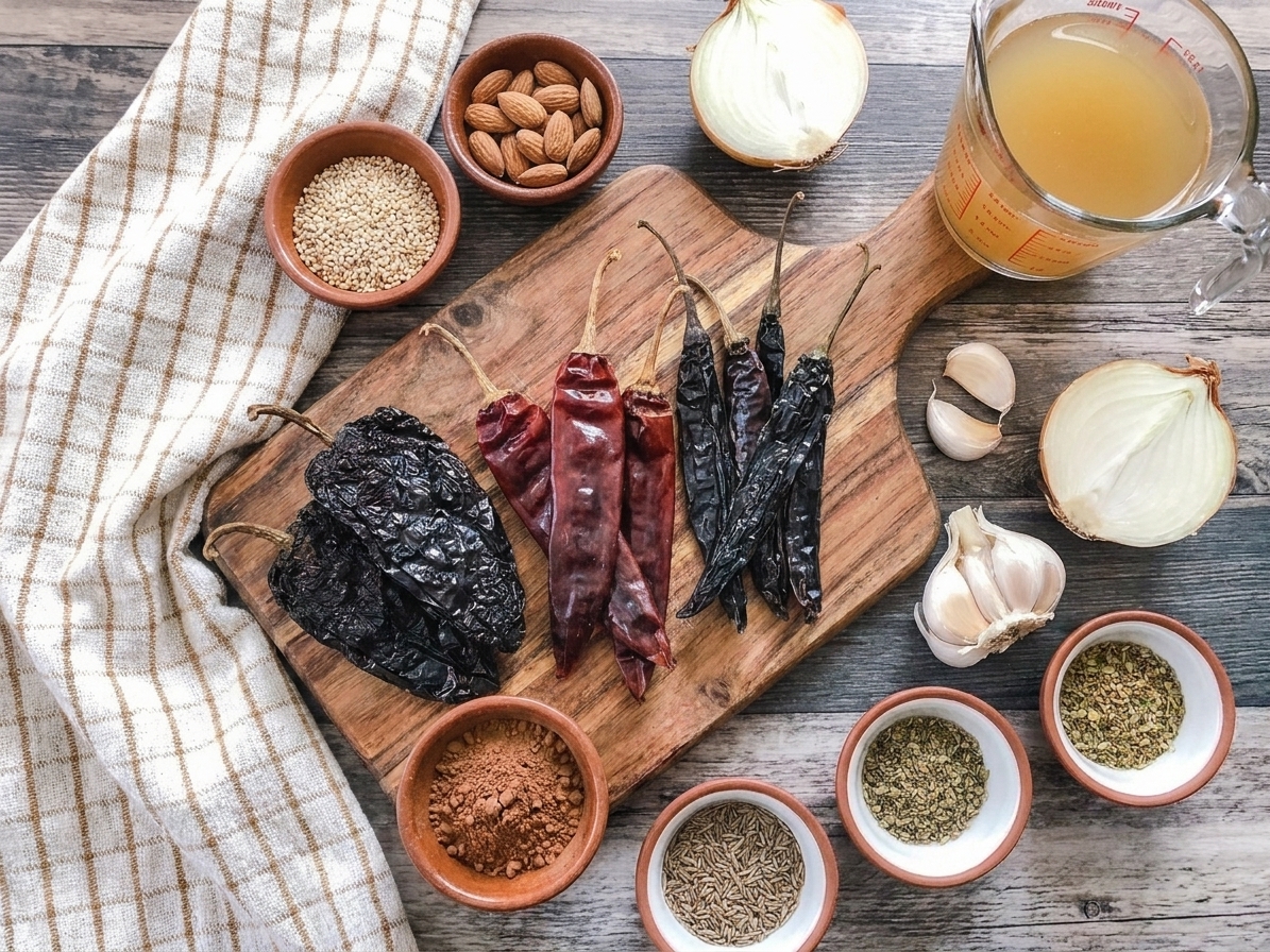Measured mole ingredients on a kitchen counter including dried chiles, sesame seeds, almonds, onion, garlic, cocoa powder, and chicken stock