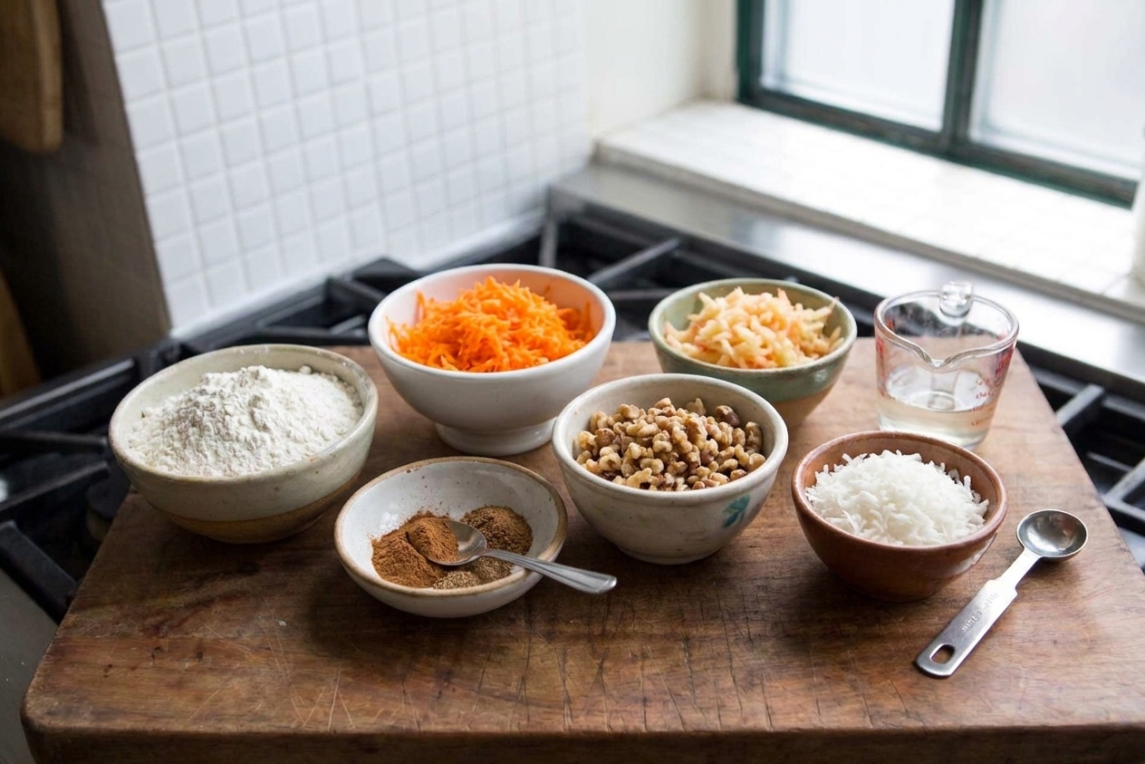 Measured muffin ingredients in small bowls including flour, spices, grated carrot, grated apple, chopped nuts, and shredded coconut on a counter