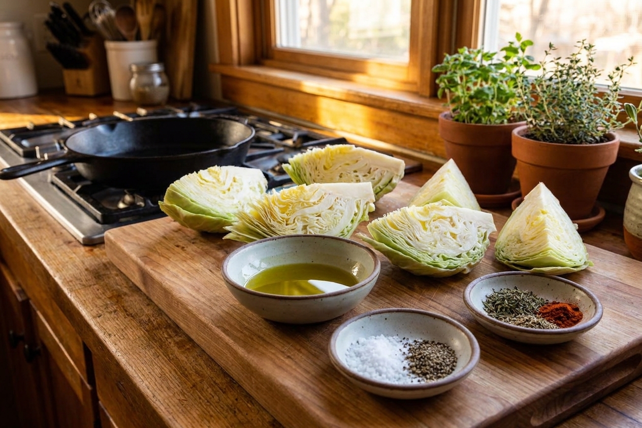 Measured olive oil and seasonings in small bowls next to cut cabbage wedges on a kitchen counter with warm lighting
