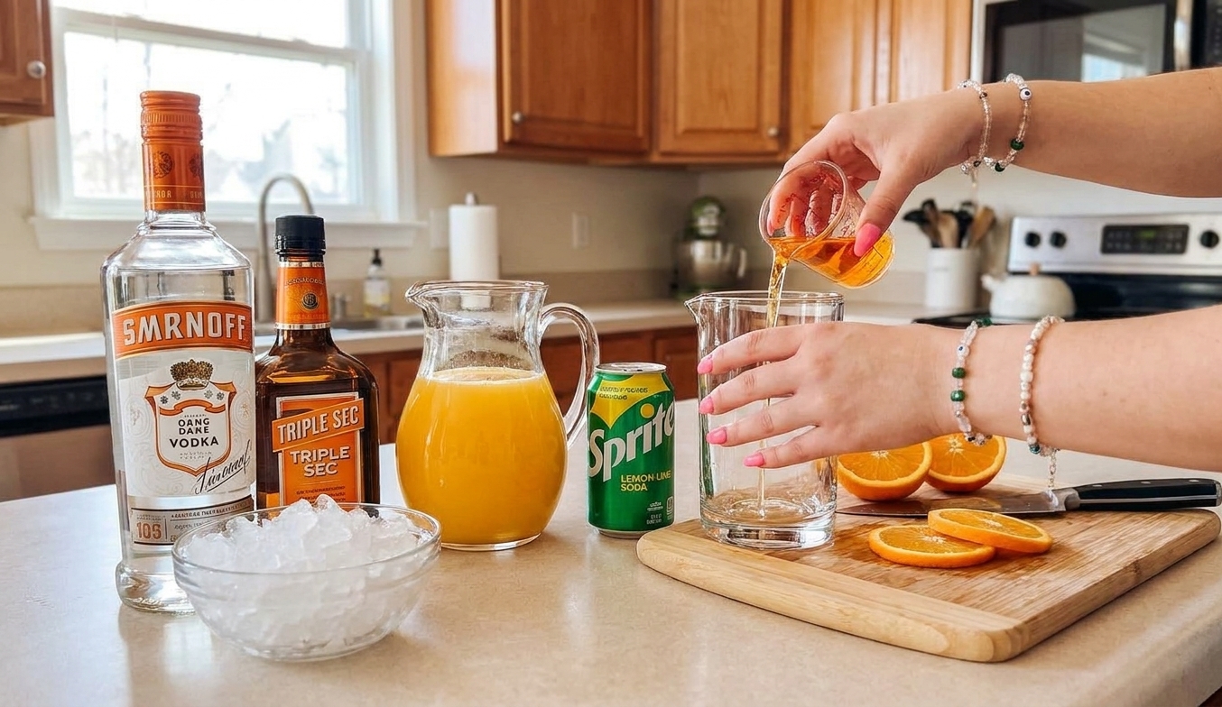 Measured orange vodka, triple sec, freshly squeezed orange juice, and lemon-lime soda arranged on a kitchen counter beside a cutting board and crushed ice