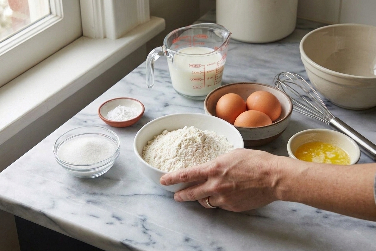 Measured pancake ingredients in small bowls on a warm-toned kitchen counter, including flour, sugar, baking powder, eggs, milk, and melted butter