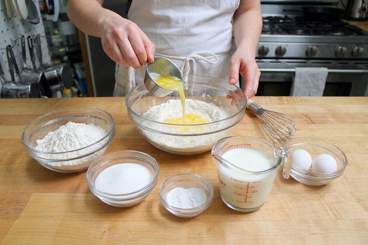 Measured pancake ingredients including flour, sugar, baking powder, baking soda, buttermilk, eggs, and melted butter arranged on a bright kitchen counter