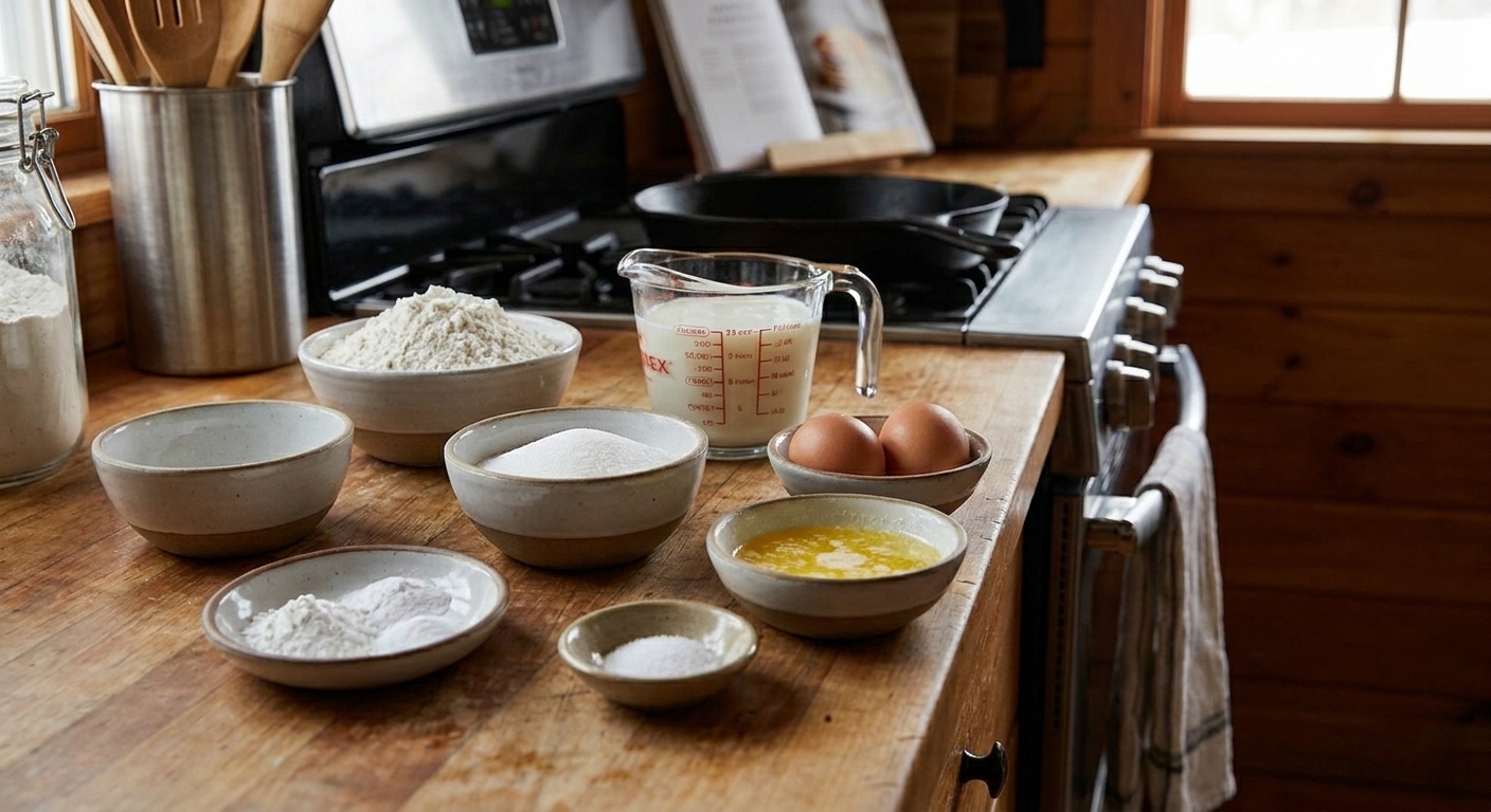 Measured pancake ingredients on a bright kitchen counter including flour, sugar, baking powder, baking soda, salt, buttermilk, eggs, and melted butter in small bowls