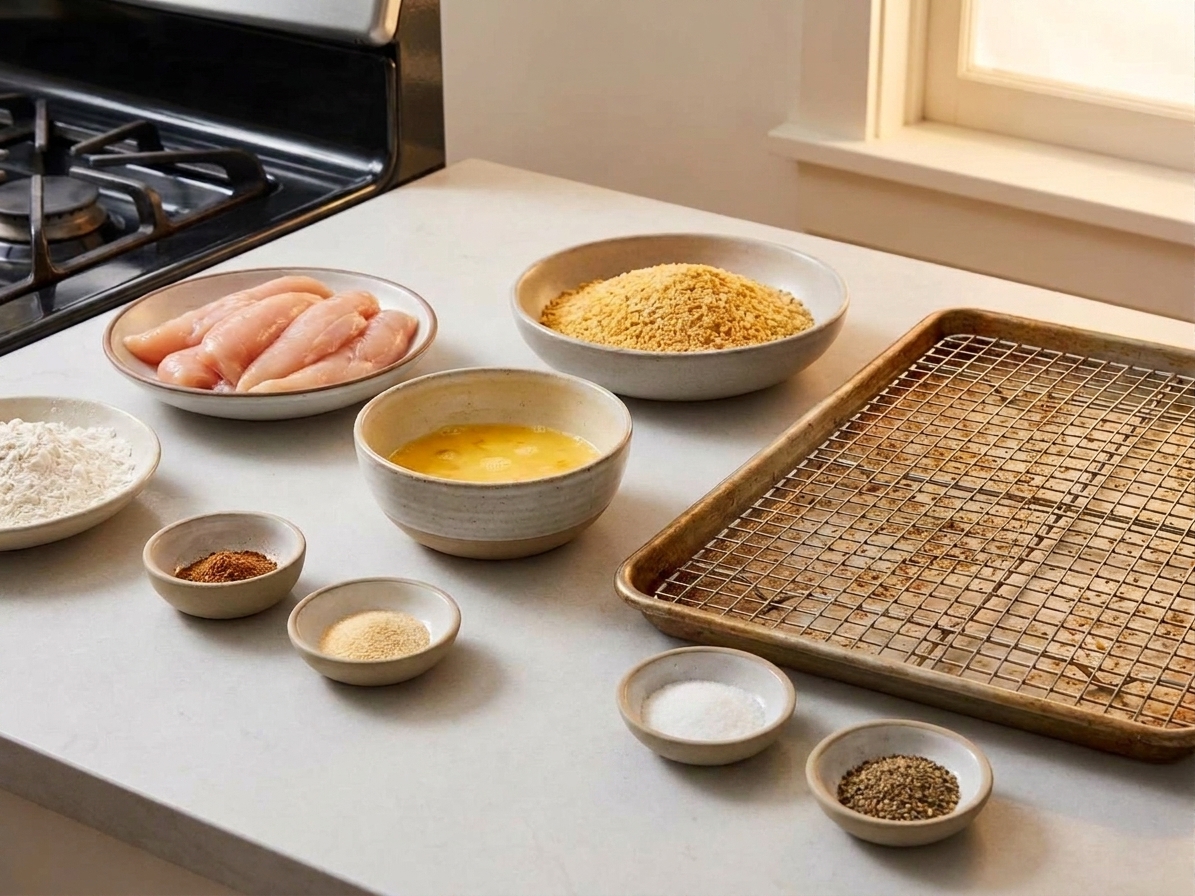 Measured panko breadcrumbs and small bowls of paprika, garlic powder, salt, and pepper arranged on a kitchen counter next to eggs and flour, warm consistent lighting