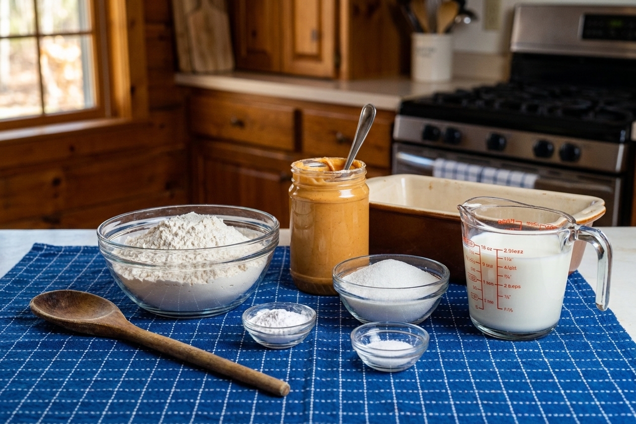Measured pantry ingredients for peanut butter bread on a kitchen counter including flour, peanut butter, sugar, baking powder, salt, and a measuring cup of milk