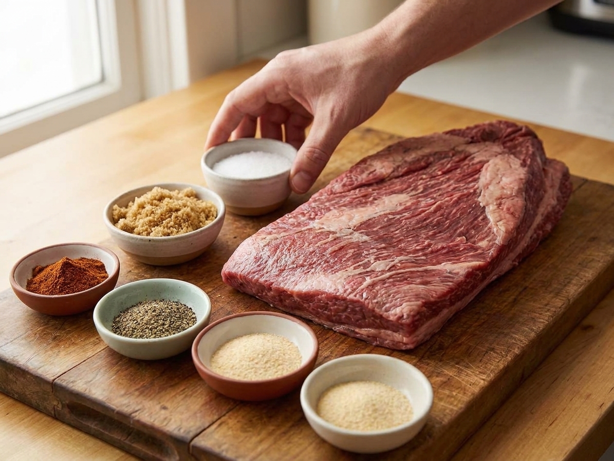 Measured paprika, brown sugar, salt, pepper, garlic powder, and onion powder in small bowls next to a brisket on a kitchen counter