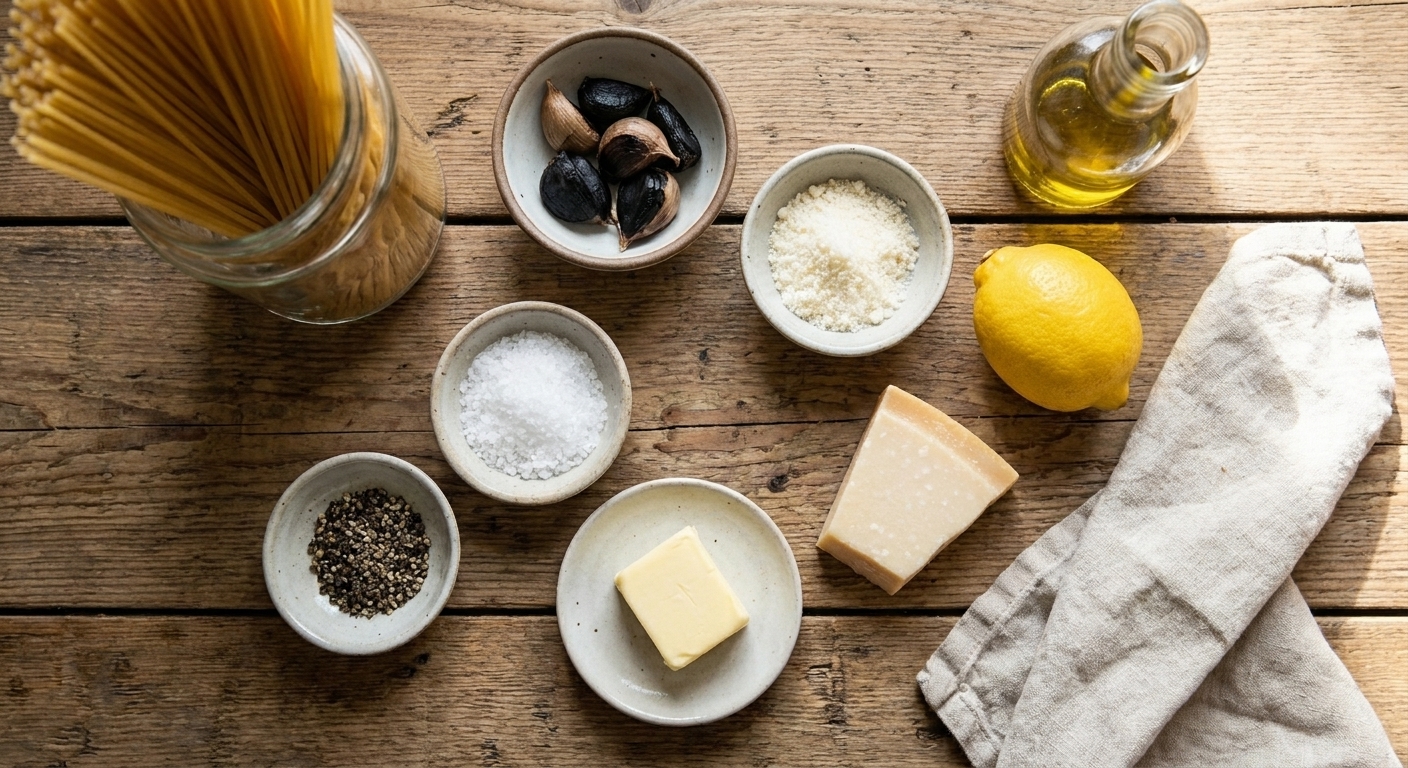 Measured pasta ingredients on a kitchen counter including spaghetti, black garlic cloves, a wedge of Parmesan, a lemon, butter, olive oil, salt, and black pepper in small bowls