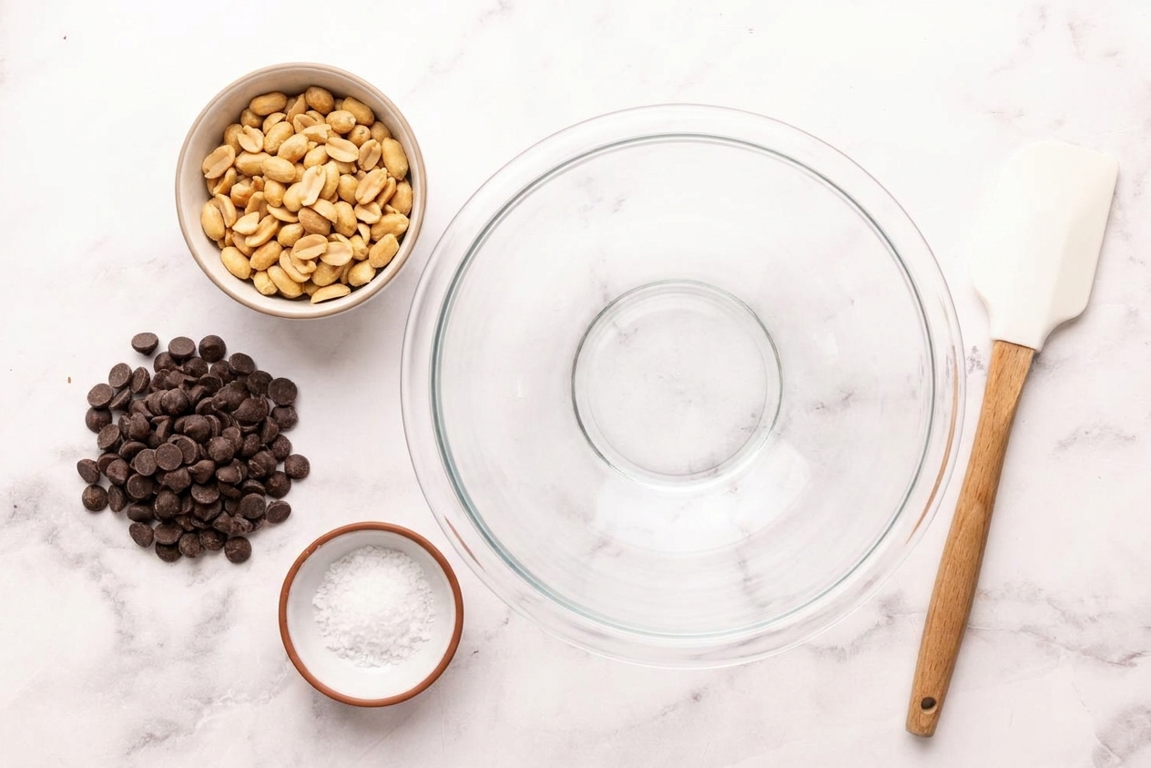 Measured peanuts, chocolate chips, and salt on a clean kitchen counter next to a mixing bowl and spatula