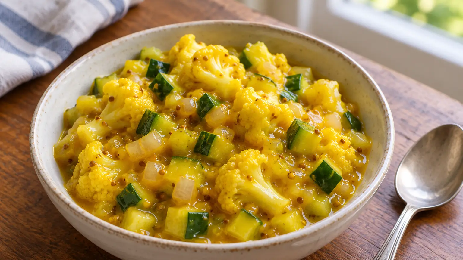 Measured piccalilli ingredients including cauliflower florets, diced onion, carrots, green beans, mustard powder, turmeric, vinegar, sugar, salt, and flour on a kitchen counter