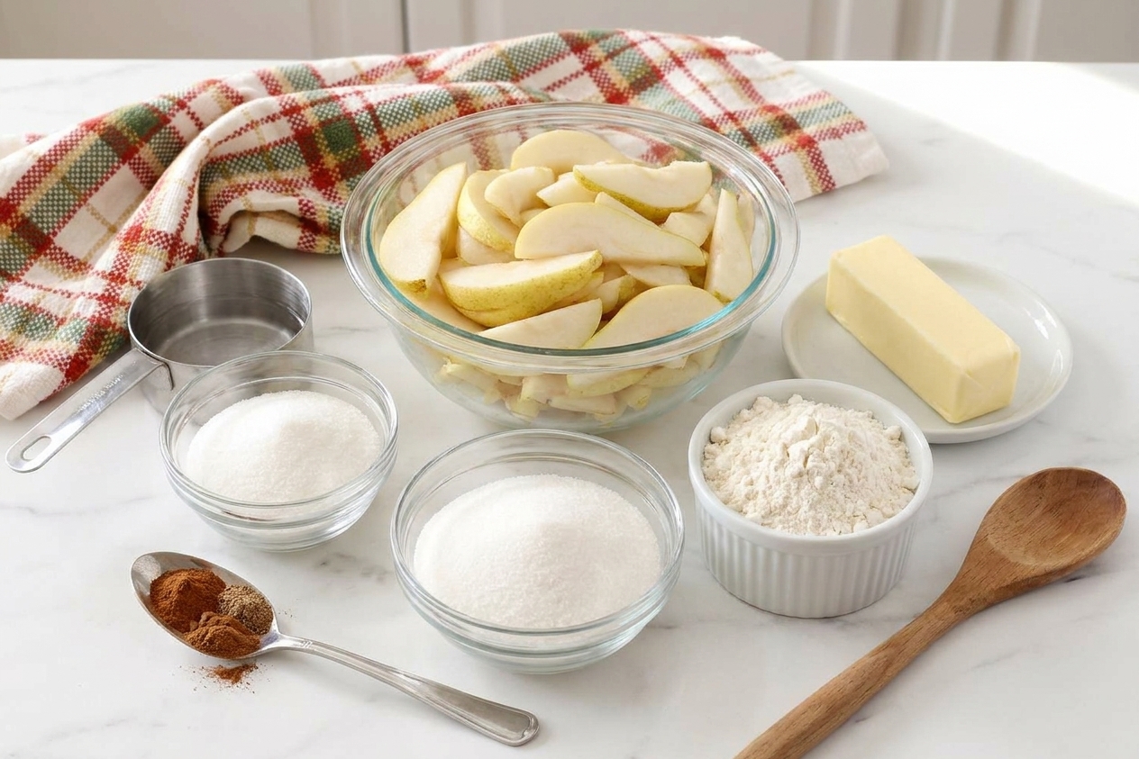 Measured pie ingredients including sliced pears, sugar, flour, butter, and spices arranged on a light kitchen counter