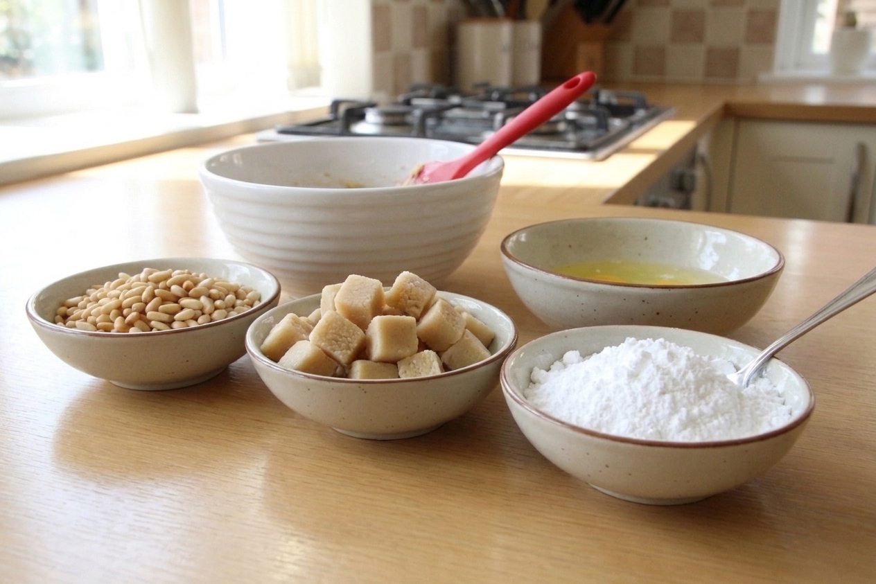 Measured pine nuts, almond paste pieces, powdered sugar, and egg whites arranged on a clean kitchen counter with mixing bowls and a spatula