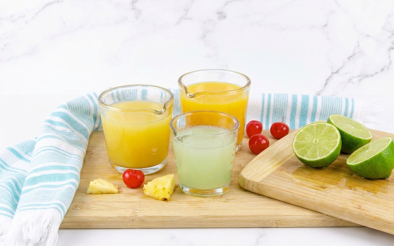 Measured pineapple juice, orange juice, and freshly squeezed lime juice in small glass cups on a kitchen counter next to a cutting board with lime halves