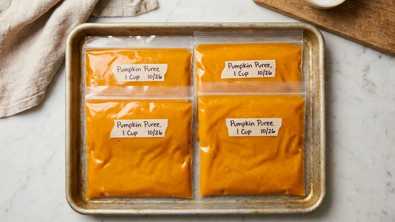 Measured portions of pumpkin puree in labeled freezer bags laid flat on a baking sheet ready to freeze