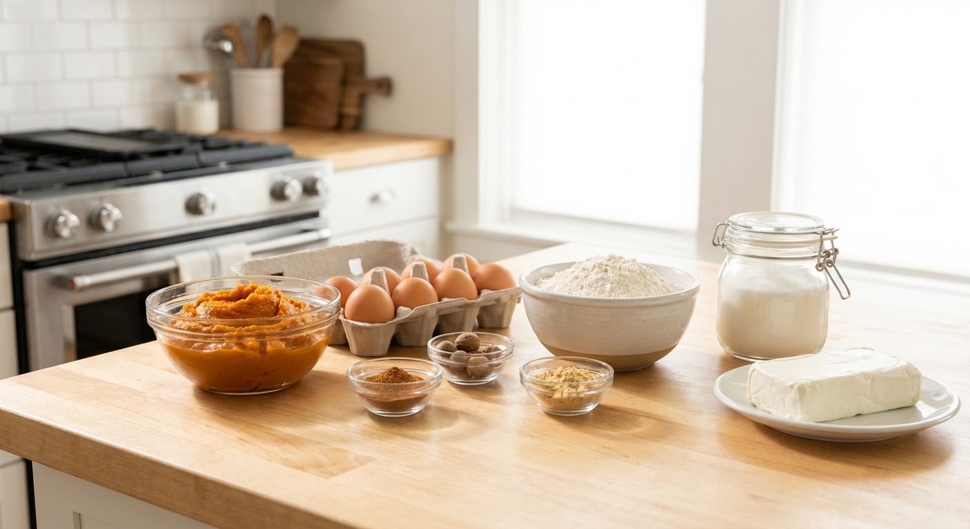 Measured pumpkin roll ingredients including canned pumpkin, eggs, flour, sugar, spices, and cream cheese arranged on a bright kitchen counter