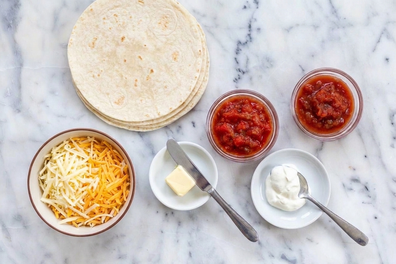 Measured quesadilla ingredients on a kitchen counter including shredded cheese in a bowl, flour tortillas, butter, and small bowls of salsa and sour cream