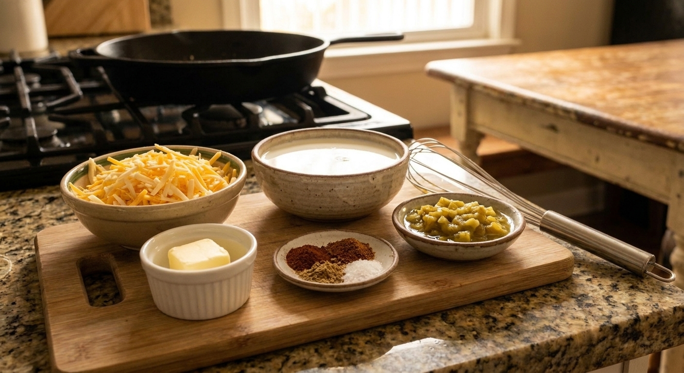 Measured queso ingredients like shredded cheese, milk, butter, spices, and diced green chiles arranged on a bright kitchen counter in small bowls