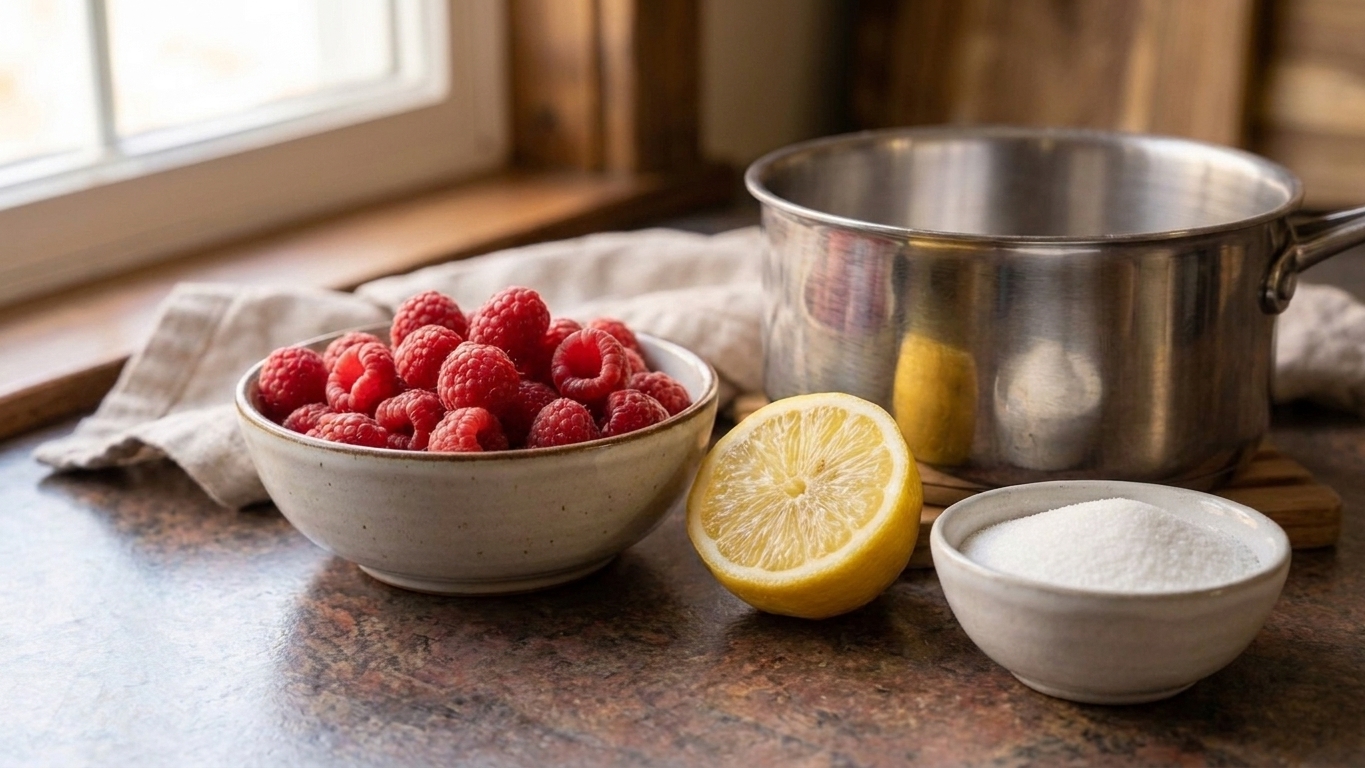 Measured raspberries, sugar, and lemon juice arranged on a kitchen counter next to a saucepan