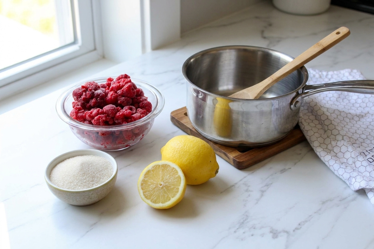 Measured raspberries, sugar, and lemon juice beside a saucepan and spoon on a bright kitchen counter