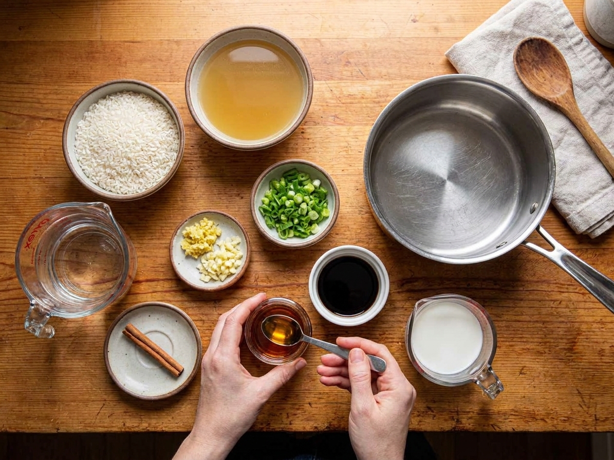 Measured rice, broth, water, ginger, garlic, scallions, soy sauce, sesame oil, milk, and cinnamon arranged on a kitchen counter next to a saucepan