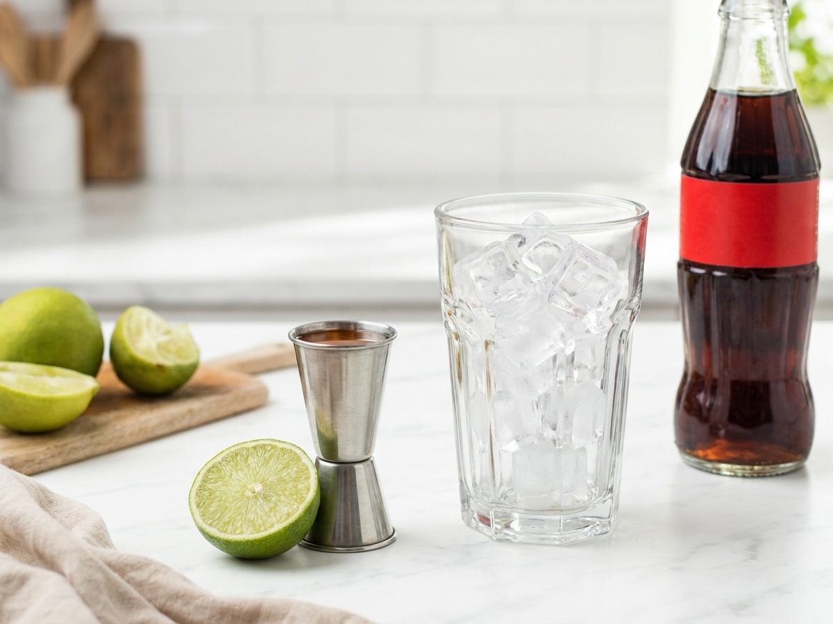 Measured rum in a jigger beside a glass of ice, a bottle of cola, and a cut lime on a clean kitchen counter