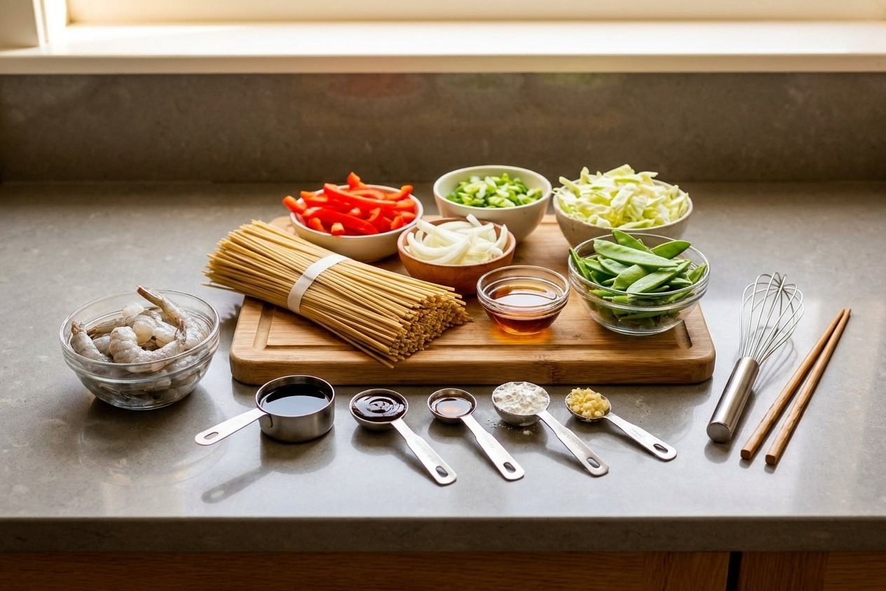 Measured sauce ingredients, raw shrimp, lo mein noodles, and sliced vegetables arranged on a clean kitchen counter under warm lighting