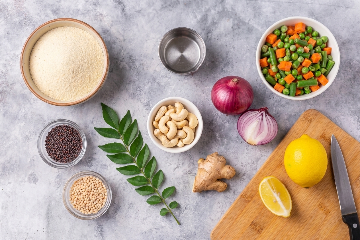 Measured semolina, mustard seeds, urad dal, cashews, curry leaves, ginger, onion, mixed vegetables, and a lemon arranged on a bright kitchen counter