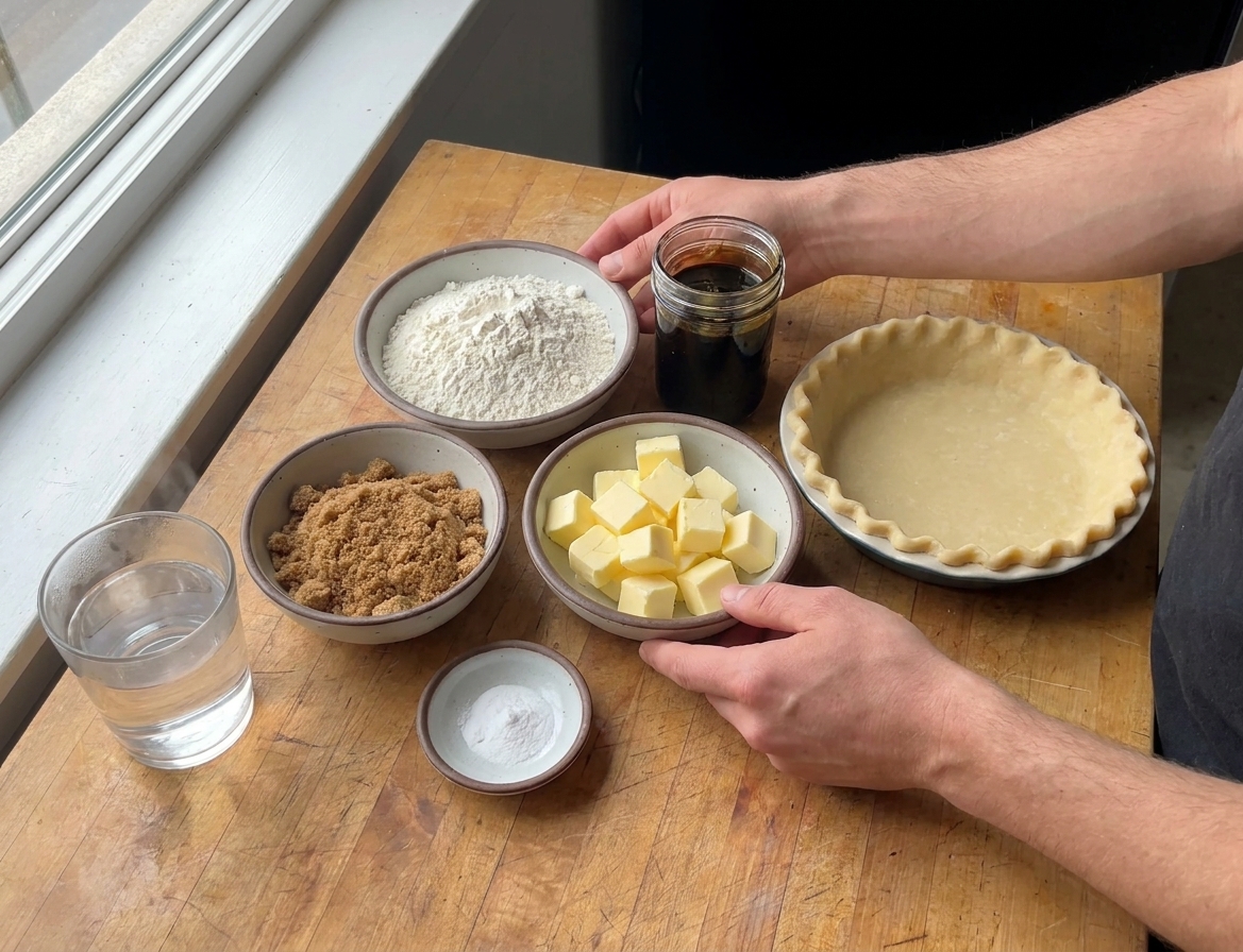 Measured shoofly pie ingredients on a kitchen counter including flour, brown sugar, molasses, butter, baking soda, hot water, and an unbaked pie crust in a pie dish
