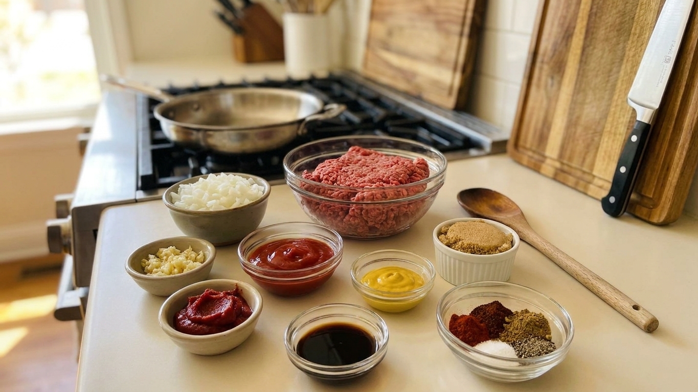 Measured sloppy joe sauce ingredients on a kitchen counter including ground beef, onion, garlic, ketchup, tomato paste, mustard, brown sugar, Worcestershire, and spices in small bowls