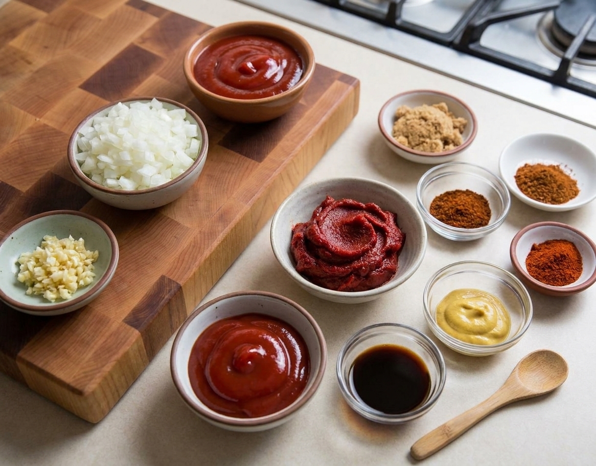 Measured sloppy joe sauce ingredients on a light kitchen counter including ketchup, tomato paste, Worcestershire sauce, mustard, spices, diced onion, and minced garlic in small bowls