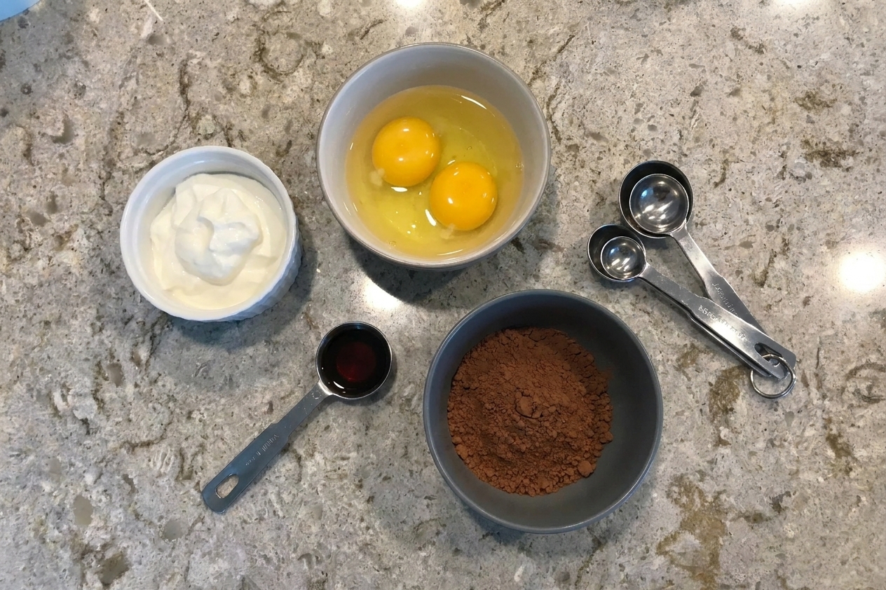 Measured sour cream, eggs, vanilla extract, and cocoa powder on a countertop with measuring spoons nearby