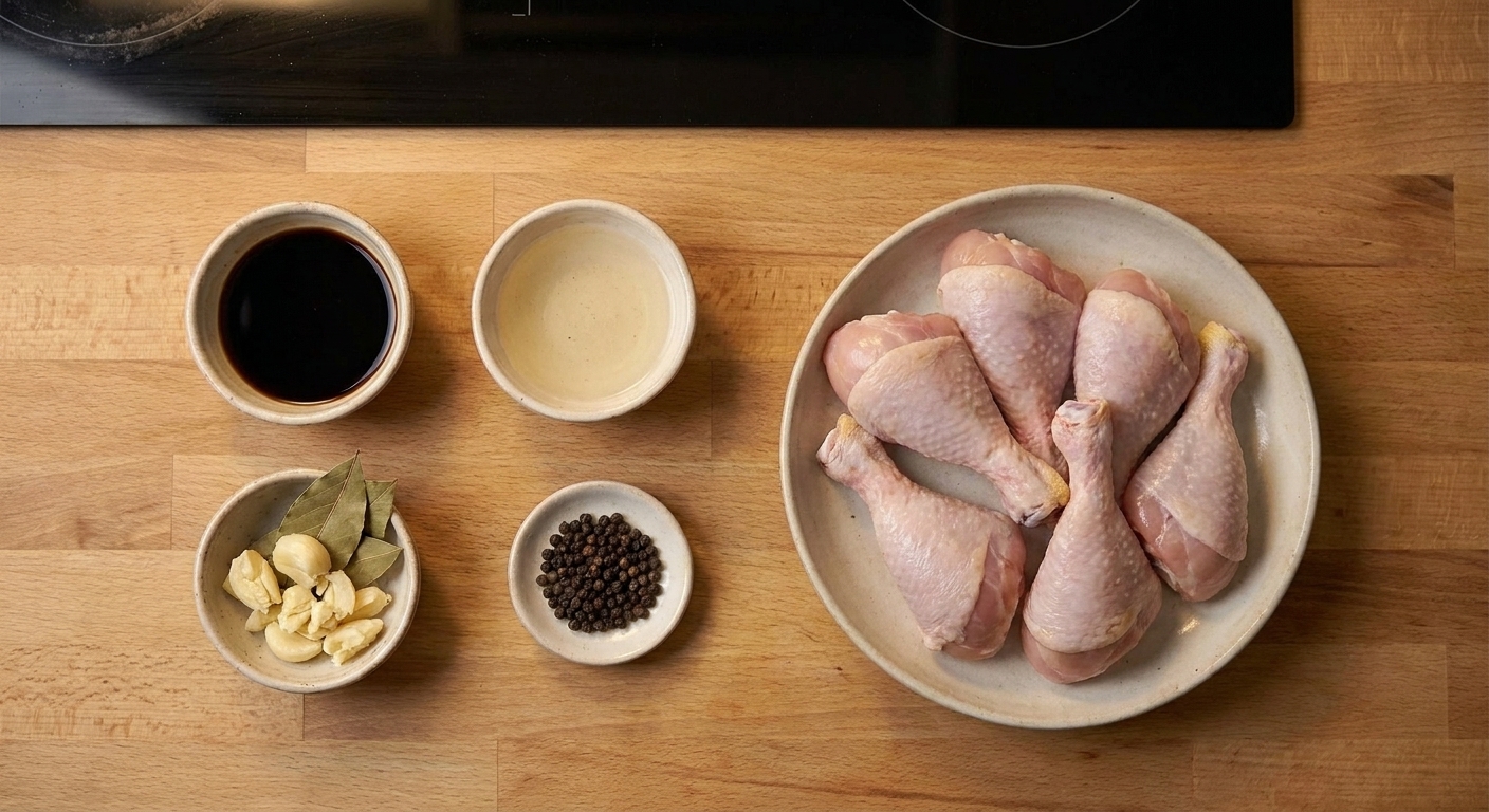 Measured soy sauce, vinegar, garlic cloves, bay leaves, black peppercorns, and chicken pieces arranged on a clean kitchen counter in consistent warm lighting