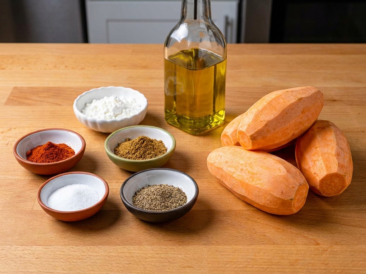 Measured spices, a bowl of cornstarch, olive oil, and peeled yams arranged on a clean kitchen counter with warm even lighting