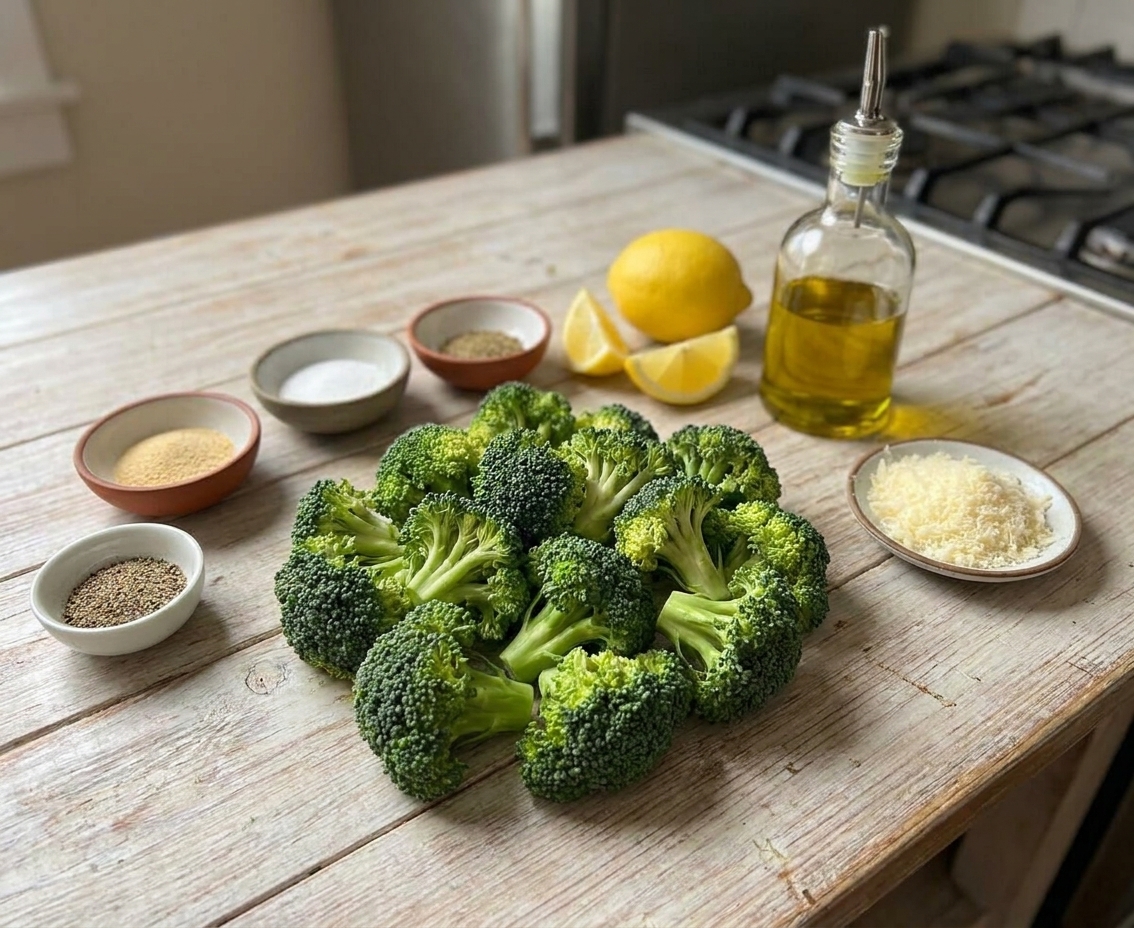 Measured spices, a lemon, olive oil, and grated Parmesan arranged beside cut broccoli on a light kitchen counter