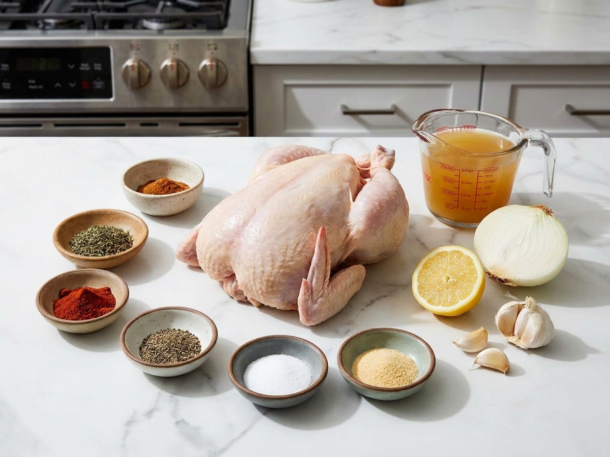 Measured spices, a whole raw chicken, lemon, onion, garlic, and broth arranged on a clean kitchen counter in warm light