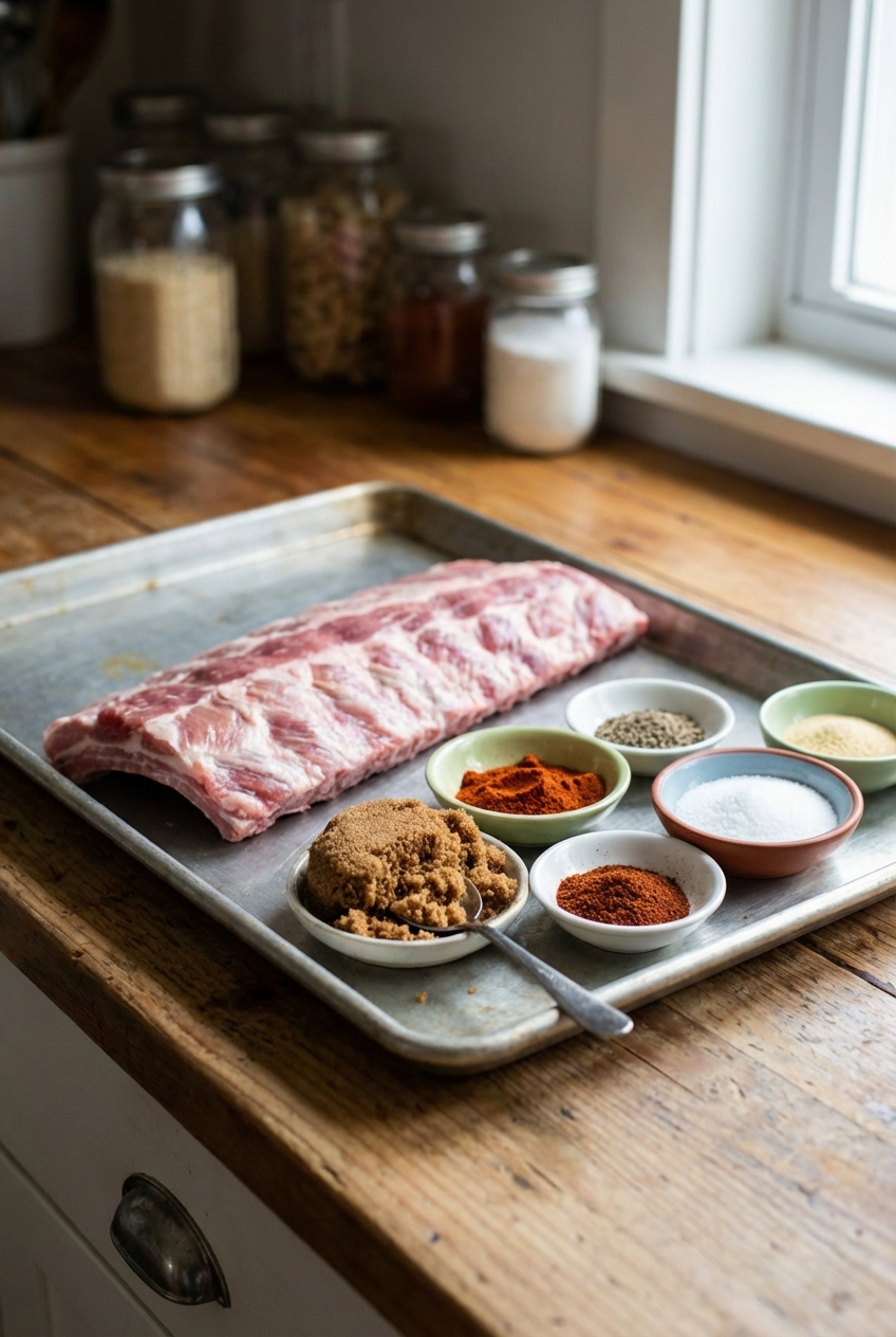 Measured spices, brown sugar, and a rack of raw ribs on a baking sheet ready to be seasoned