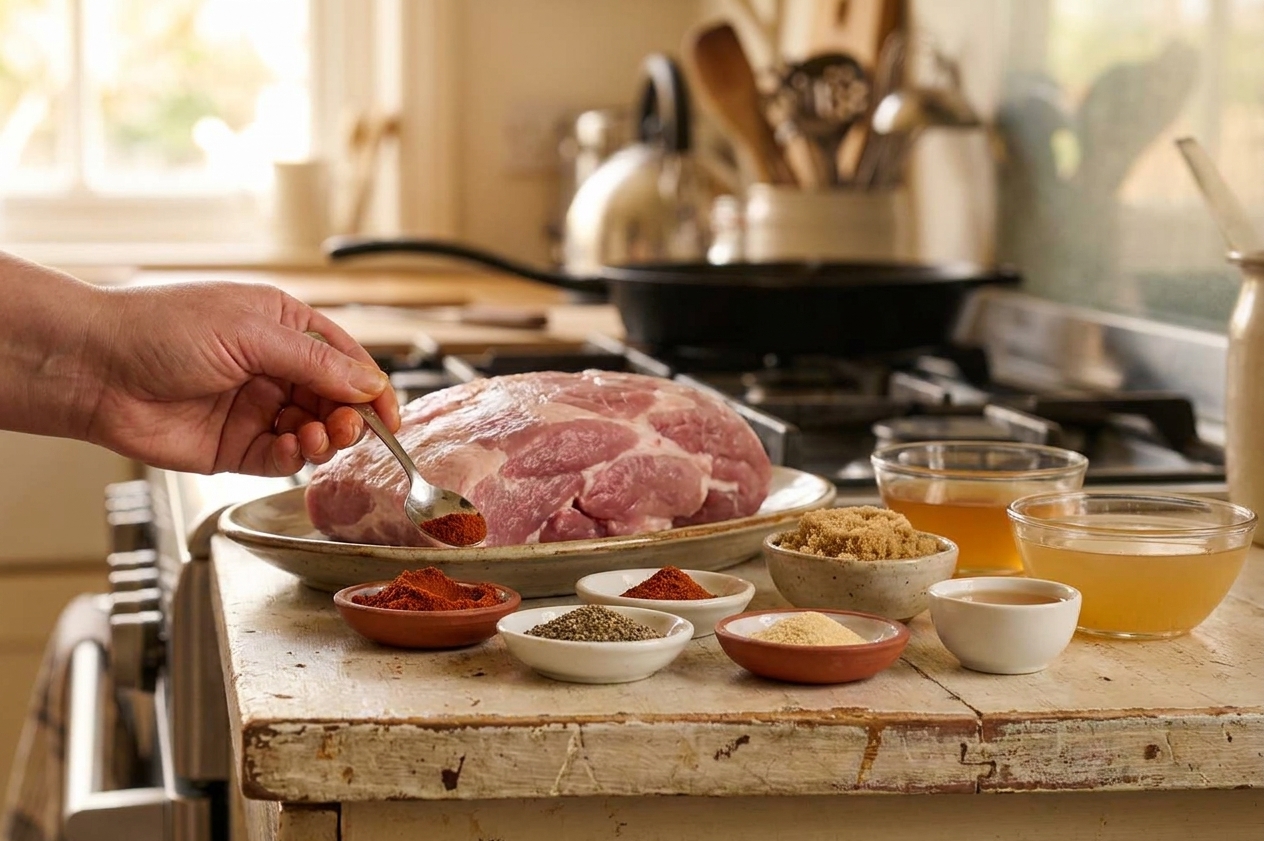 Measured spices, brown sugar, apple cider vinegar, broth, and a pork shoulder arranged on a bright kitchen counter