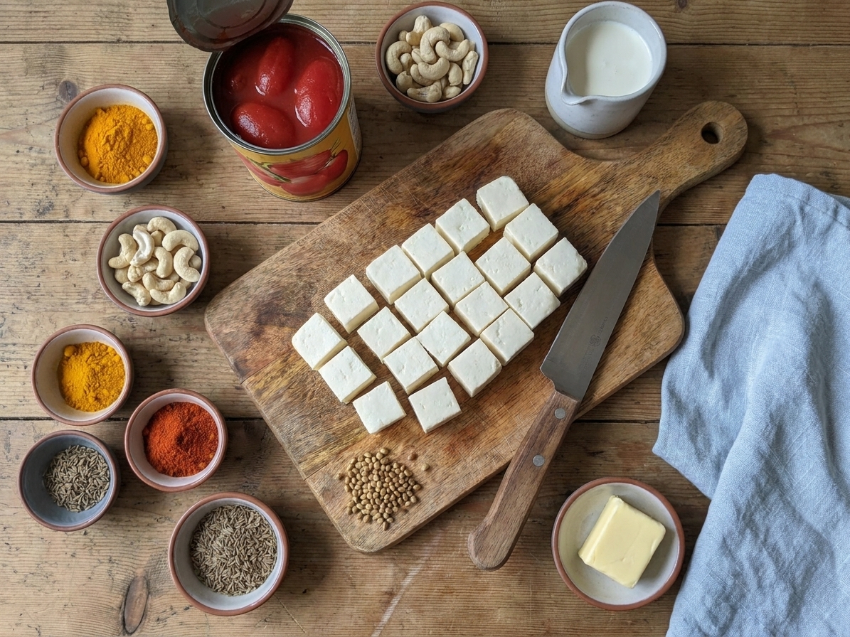 Measured spices, canned tomatoes, cashews, butter, cream, and paneer arranged on a kitchen counter with a cutting board and knife