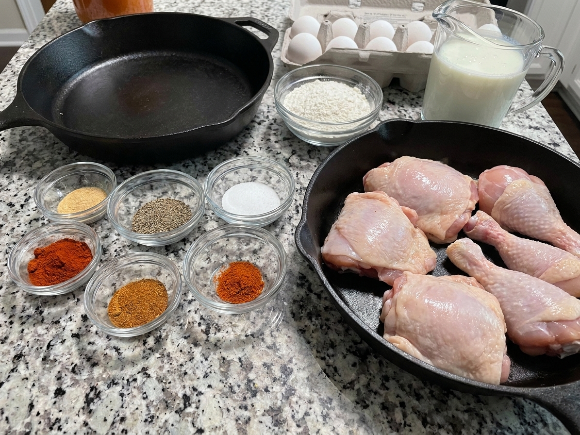 Measured spices, flour, buttermilk, eggs, and raw chicken pieces arranged on a clean kitchen counter with a cast iron skillet nearby