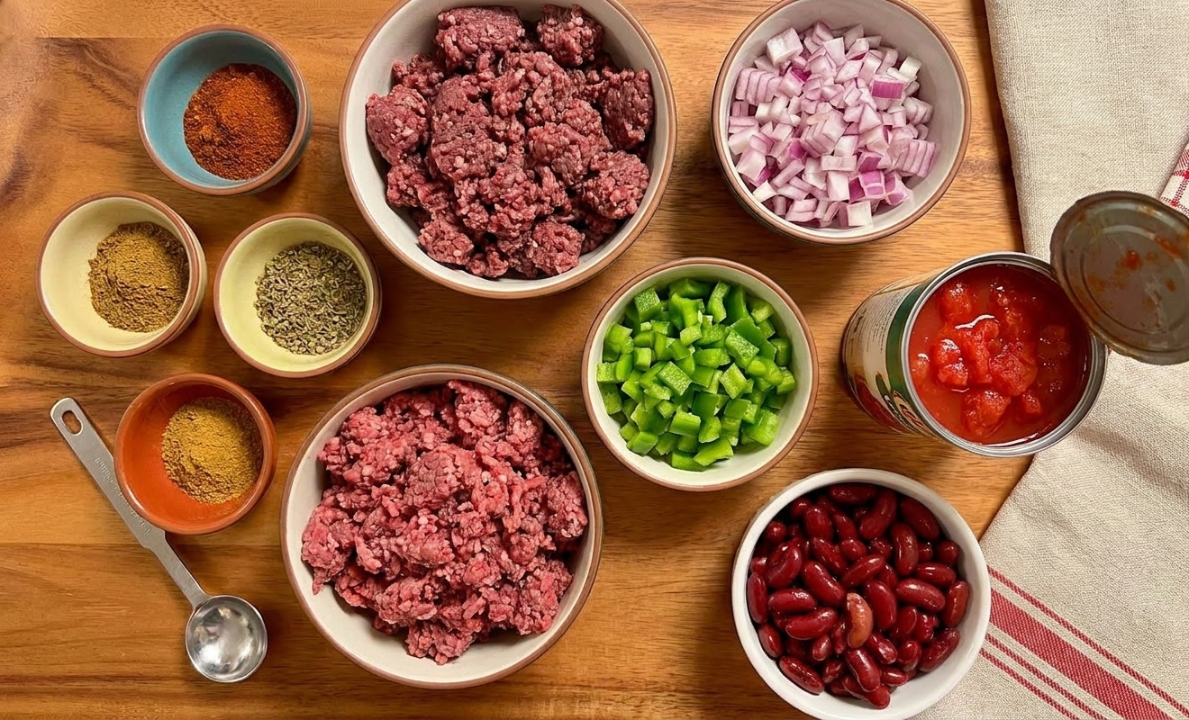 Measured spices, ground venison, diced onions, bell peppers, canned tomatoes, and beans arranged on a clean kitchen counter under soft warm lighting