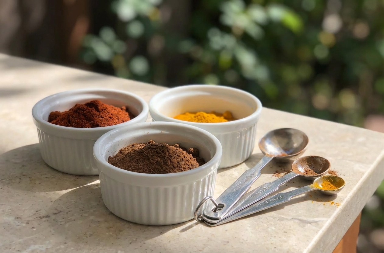 Measured spices in small white ramekins on a light stone countertop with measuring spoons beside them in bright natural kitchen light