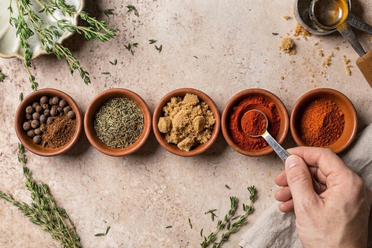 Measured spices like allspice, thyme, brown sugar, paprika, and cayenne arranged in small bowls on a bright kitchen counter