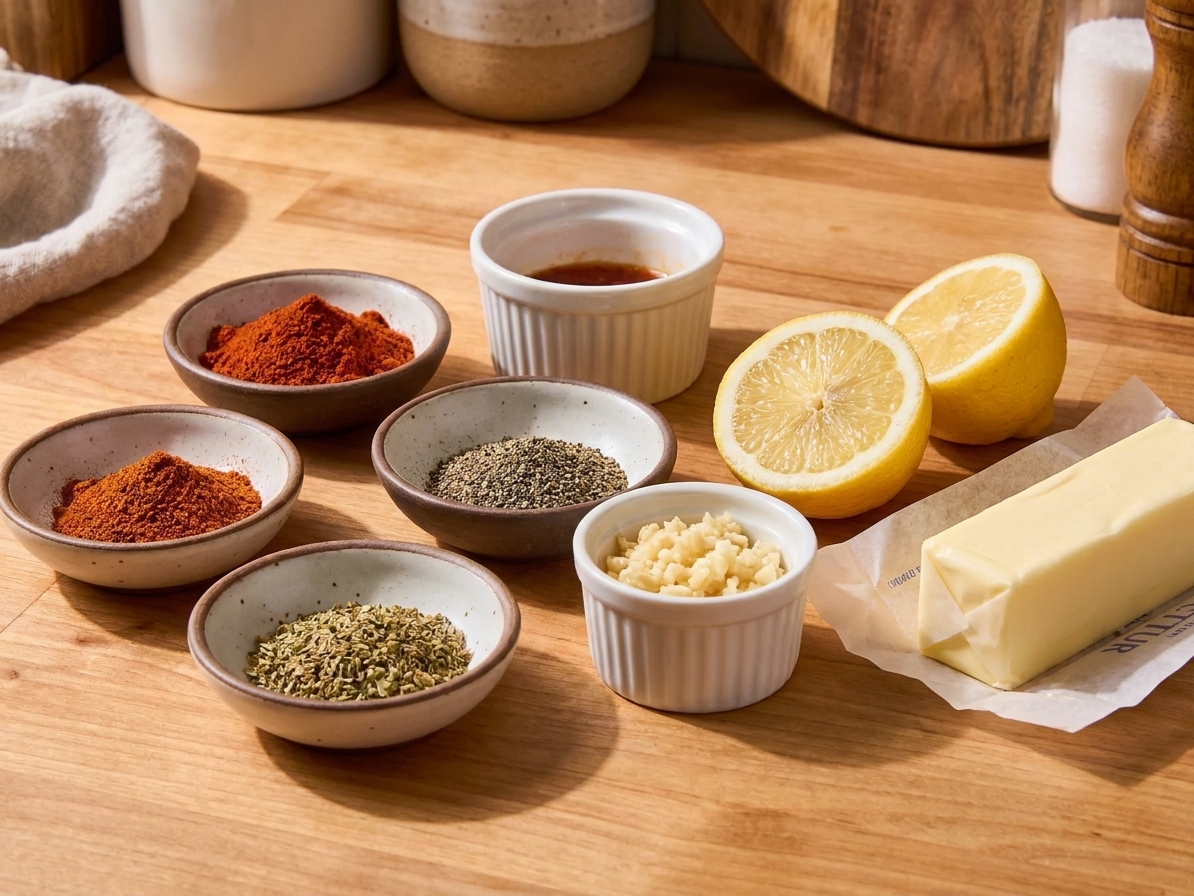 Measured spices, minced garlic, lemon halves, and a stick of butter arranged on a tidy kitchen counter in warm natural light