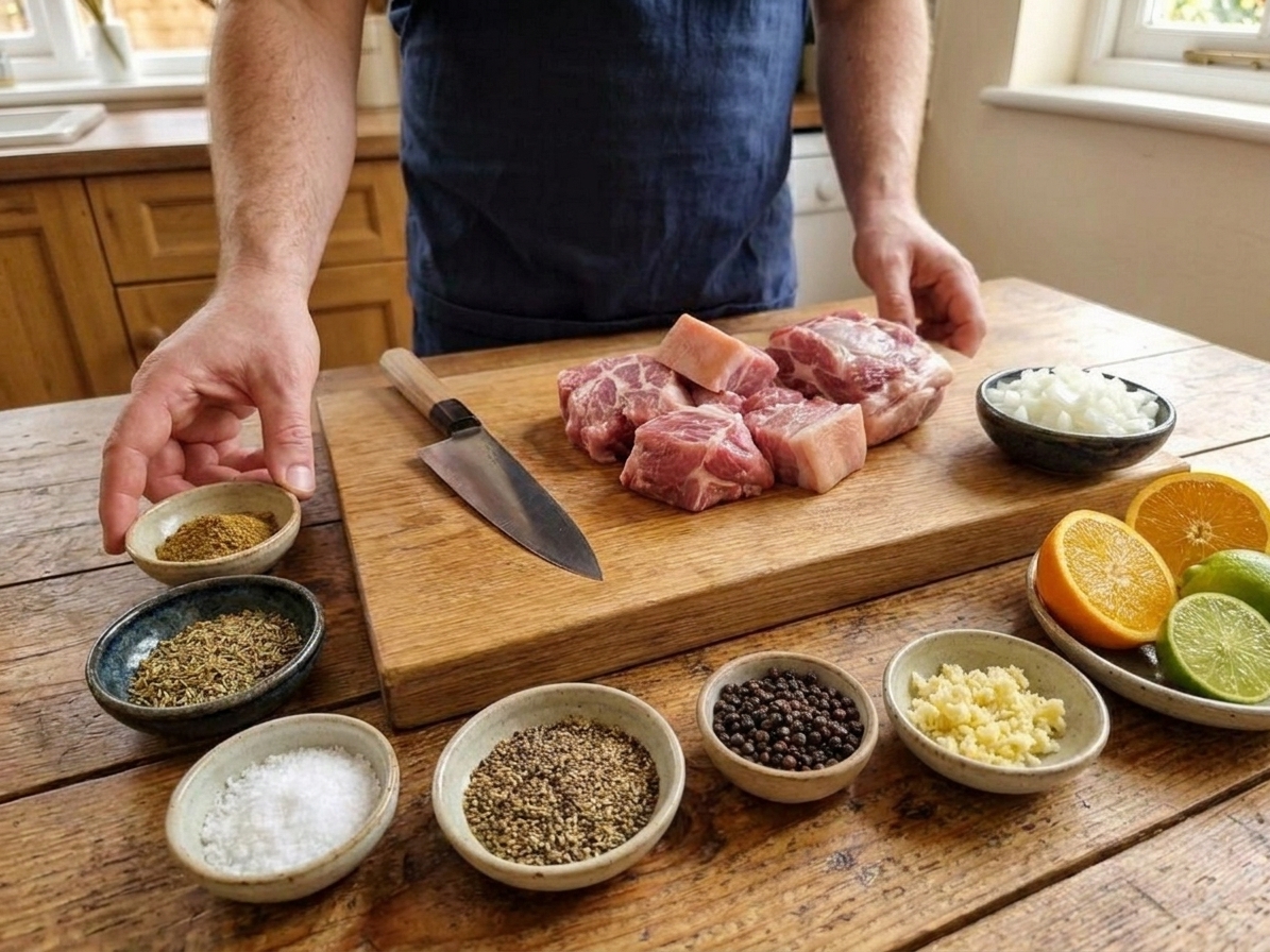 Measured spices, minced garlic, sliced onion, pork shoulder chunks, and fresh orange and lime arranged on a clean kitchen counter with warm natural light